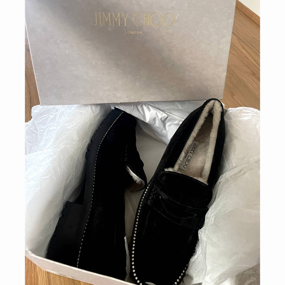 Jimmy Choo 9 CRYSTAL Suede Loafers SHEARLING LINED Chunky Lug Sole Deanna Black - Picture 8 of 10